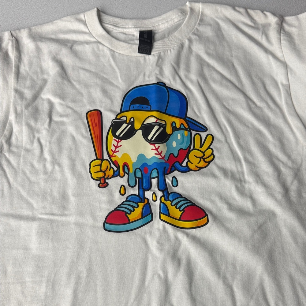 Gildan White Tee with Colorful Melting Baseball Graphic